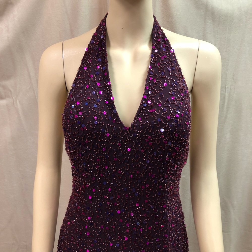 Vintage Fully Beaded/Sequin Wine Halter Gown - Picture 2 of 8